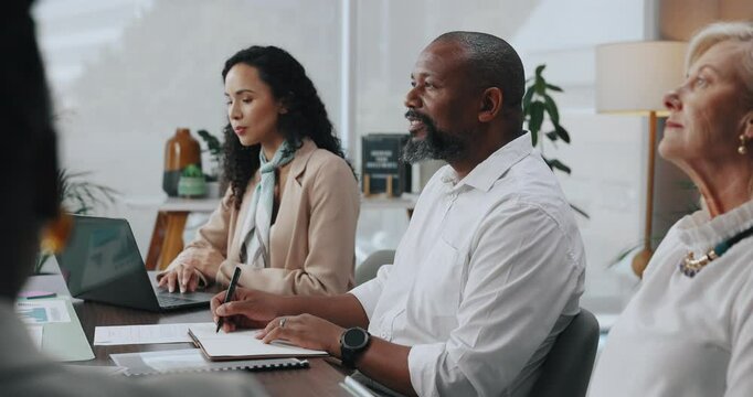Meeting, writing and business man in office for panel board, notebook and proposal. Workshop, teamwork and training seminar with group of people in boardroom for feedback, listening and learning