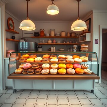 Las donas est&aacute;n expuestas en la bonita tienda de donuts.
