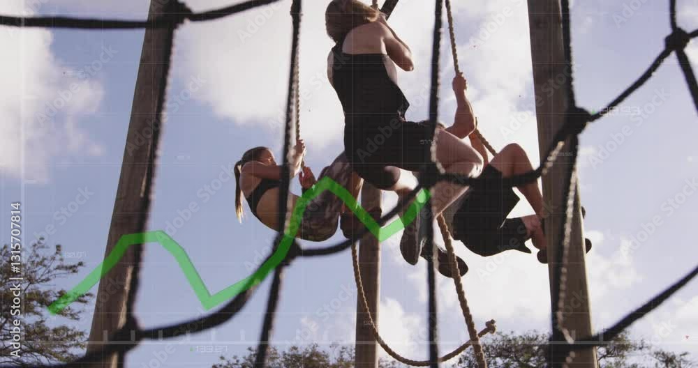 Poster climbing ropes, people with financial data graph overlaying animation in background