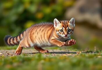 A sleek mink glides effortlessly, paws outstretched, against a blurred natural background, wilderness, dynamic