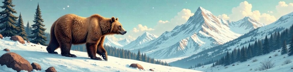 Fototapeta premium Vintage-style illustration of a brown bear in a snowy landscape with mountains, snow, wilderness, bear