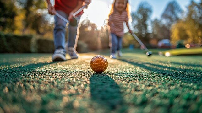 Kids Playing Mini Golf on Bright Green Artificial Turf in a Sunny Outdoor Setting