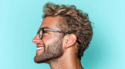 Obraz premium Happy Man Profile Smiling Glasses Curly Hair Blue Background