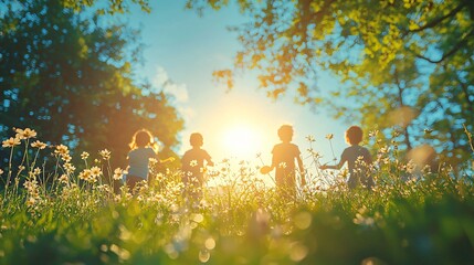 Children Playing Outdoors in Nature at Sunset Surrounded by Wildflowers in a Beautiful Landscape