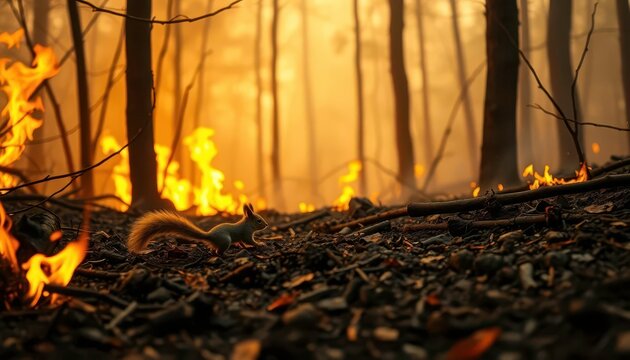 A tiny squirrel desperately scurries through flames and smoke in a ravaged forest, forest fire, macro