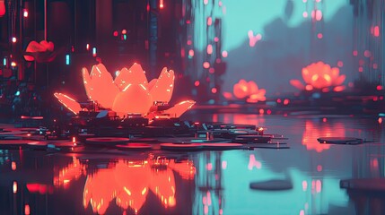 Neon Lotus Pond in a Futuristic City