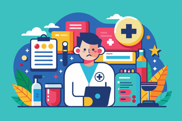 A healthcare professional examines data on a tablet surrounded by medical supplies and charts, Remedy Customizable Flat Illustration