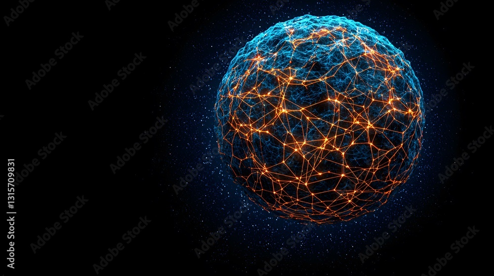 Poster the image shows a sphere composed of a network of interconnected nodes, glowing with blue and orange