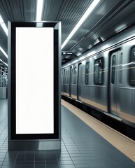 Blank advertising billboard in a modern subway station with a moving train in the background, ideal mockup space for urban advertising, branding, or commercial promotions

