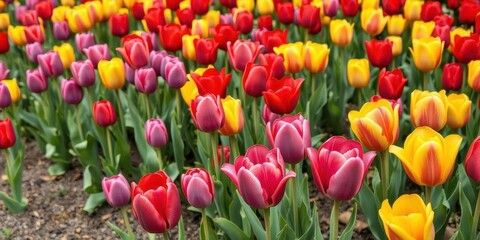 A vibrant tapestry of red, yellow, and purple tulips in full bloom, texture, petals