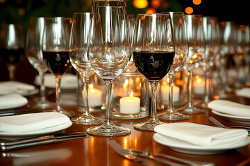 Elegant table setting with wine glasses, candles, and napkins.  Warm lighting creates a romantic ambiance