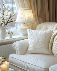 Elegant white living room corner, featuring a plush armchair, decorative pillow, table lamp, and blossoming branches in a vase by a window