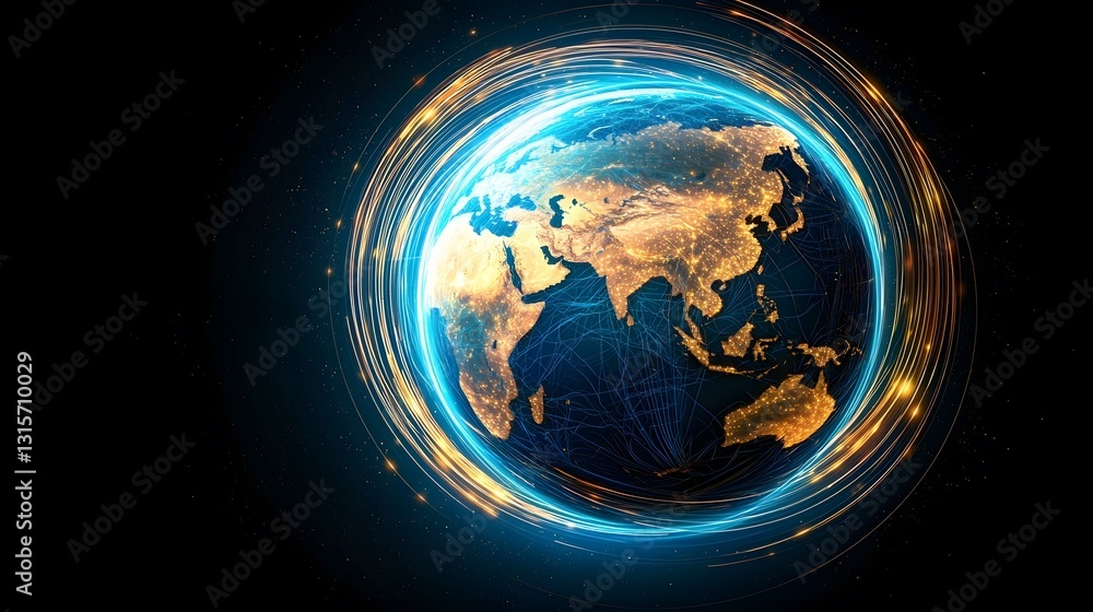Aufkleber the image shows a digital rendering of planet earth, illuminated by bright, swirling lines of light 
