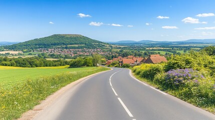 Naklejka premium Winding road, village, hill, summer, countryside, landscape, scenic, drive, France, travel