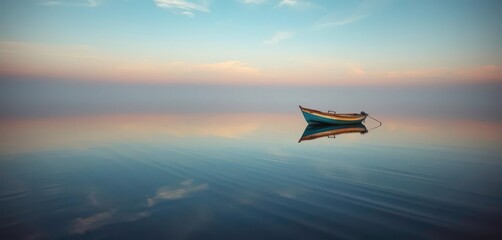 A weathered fishing boat, alone on a still lake at dawn, stillness, solitary