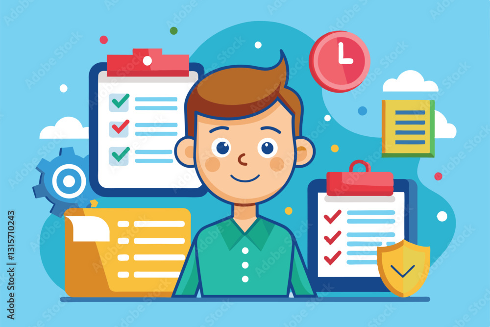 Aufkleber a cartoon character smiles while surrounded by customizable reminder checklists and organizational t