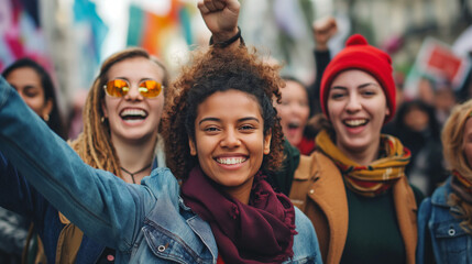 Group of diverse women cheering at a rally