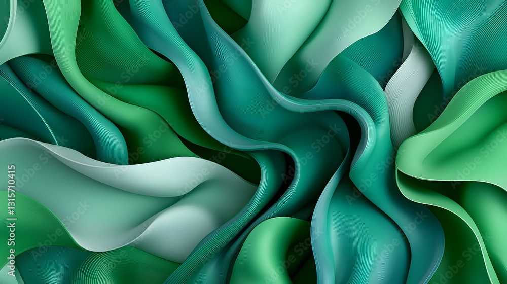 Poster the image contains an abstract representation of flowing, wavy, green fabric or liquid. the shades v