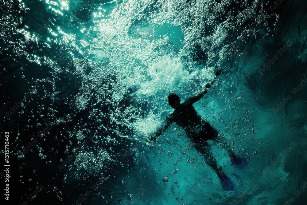 Poster Swimmer making splashes in a blue green pool from a top down perspective with space for text above
