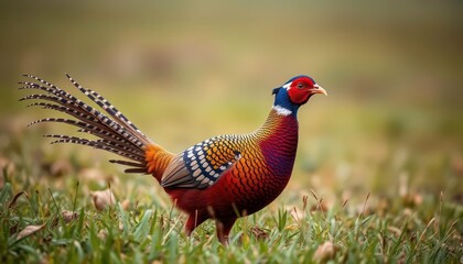 Fototapeta premium A wild pheasant foraging in a field, vibrant plumage, conservation, stock photo