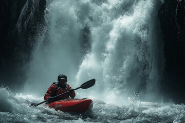A canoeist struggling against the rapids, just moments before plunging down a massive waterfall.
