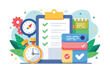 Obraz premium Illustrated tools for setting reminders and managing tasks, featuring clocks, checklists, and calendars, Reminders Customizable Flat Illustration
