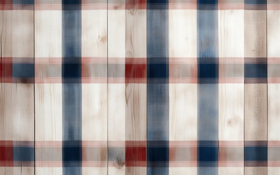 Wooden planks with a plaid pattern.  Light beige/white with navy blue and crimson accents