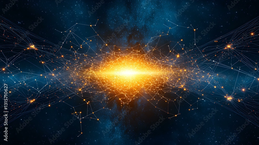 Poster the image shows a cosmic network of interconnected nodes and lines, glowing with orange and yellow l