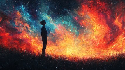Obraz premium A Silhouette of a Person Against a Vibrant Cosmic Sky of Multicolored Flames and Stars