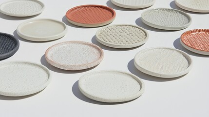 Naklejka premium Diverse Array of Artisan Ceramic Plates with Unique Textures and Patterns on a Light Background for Stylish Dining and Home Decor