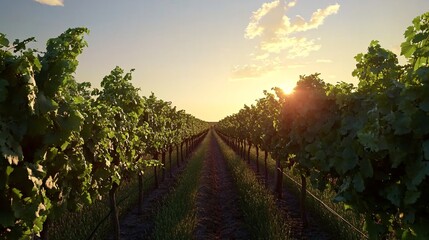 Naklejka premium Picturesque rows of maturing grapevines in a flourishing valley vineyard