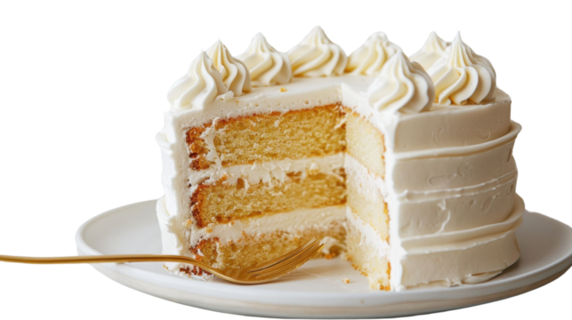 Slice of three-layered vanilla cake with white frosting is waiting to be eaten