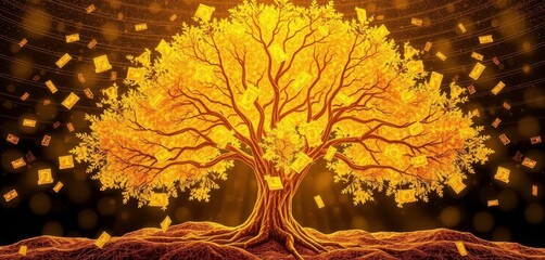 Abstract golden tree growing from investment certificates, leaves, abstract art