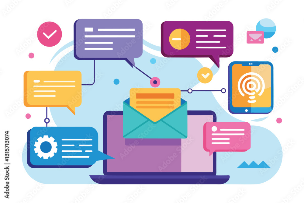Poster colorful graphics illustrate remote messaging with chat bubbles, emails, and notifications on device