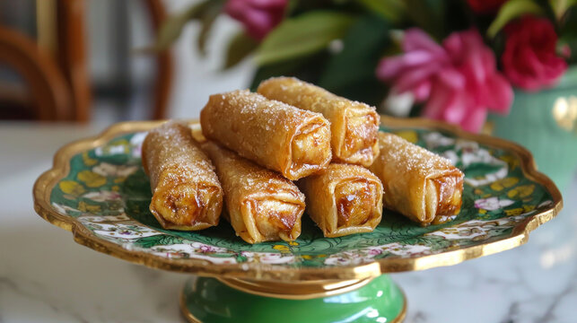 Golden Filipino turon banana spring rolls on decorative plate