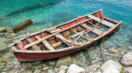 Abandoned Wooden Boat Gently Resting in Calm Waters Surrounded by Rocks and Lush Nature Near a Scenic Riverbank