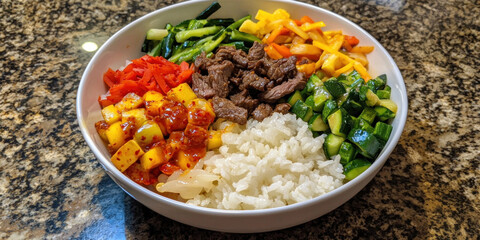 bowl of Korean bibimbap with colorful vegetables and beef on granite countertop