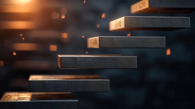 Floating staircase of bond certificates rising into a glowing financial sky, floatingrate bonds, flexibility and upward returns