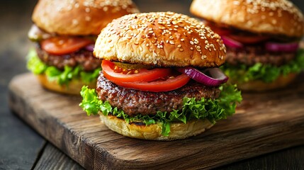 Juicy Beef Hamburger Stacked High on Natural Wooden Cutting Board