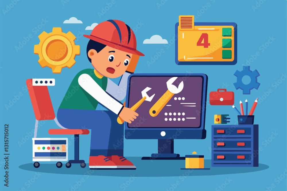 Poster a repairman is troubleshooting a computer issue while sitting at a workstation during the daytime, r