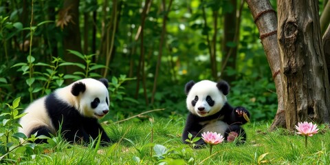 Adorable panda and bear cubs playing in lush green forest, green forest, tree