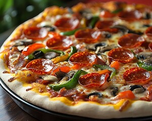 Delicious Supreme Pizza Restaurant Close-Up.