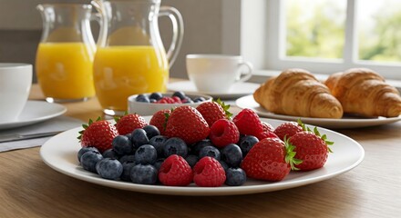 Breakfast Scene with Fresh Berries Croissants and Orange Juice