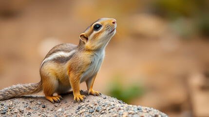 Naklejka premium A close-up shot of a ground squirrel standing on a rock, looking up with curiosity