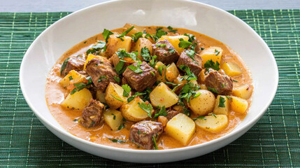 bowl of Thai massaman curry with tender beef and potatoes garnished with herbs
