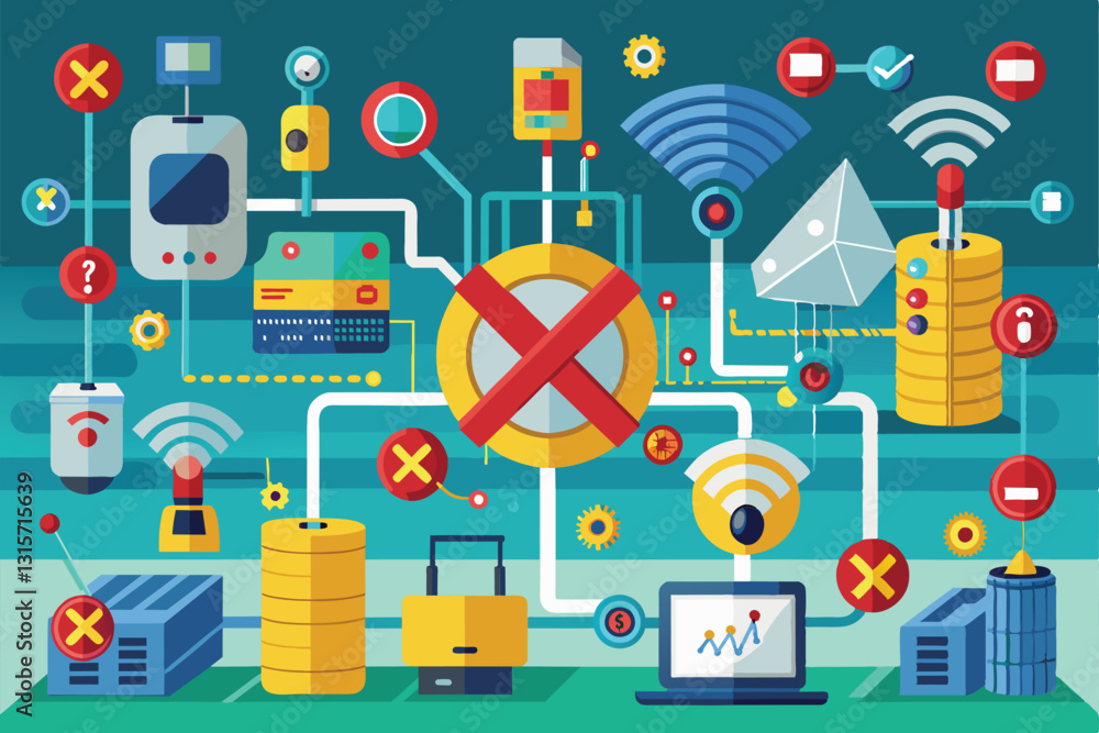 Poster a variety of devices and visual indicators illustrate troubleshooting methods for network signal los