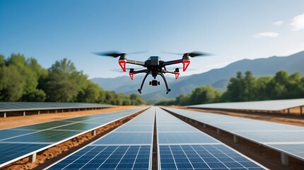A drone flying over rows of solar panels in a green energy farm on a sunny day, showcasing modern technology and renewable energy for environmental sustainability


