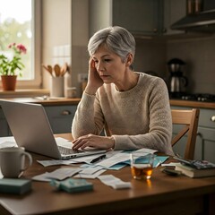 Worried Mature Woman Managing Finances on Laptop, Tax Refund and Bills, Generative AI.