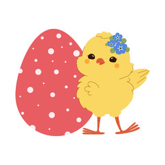 Cute Easter chick with a floral wreath standing next to a big red polka-dotted egg. Adorable spring holiday illustration for greeting cards, decorations, and festive designs.