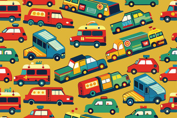 Fototapeta premium A lively design features multiple types of vehicles in a repeating pattern suitable for printing or fabric use, Repeating image with vehicles for printing on paper or fabric
